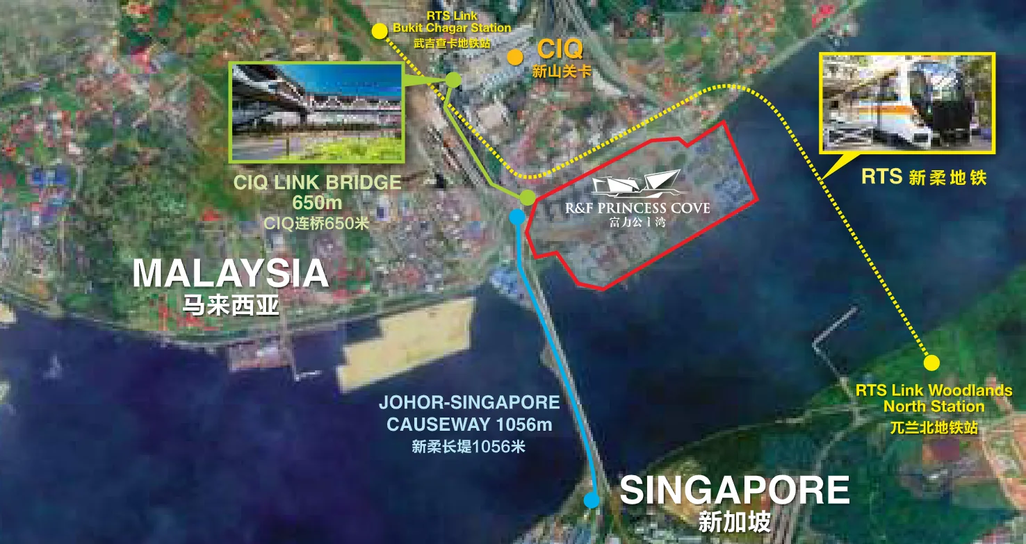 R&F Princess Cove Phase 3 aerial map of Princess Cove, the CIQ link bridge, the causeway and the RTS Link, artist's impression
