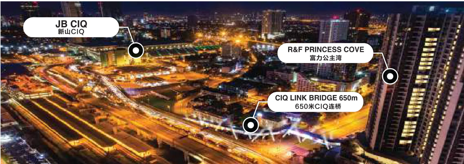 R&F Princess Cove Phase 3 night view of R&F Princess Cove, the CIQ link bridge and the JB CIQ, artist's impression
