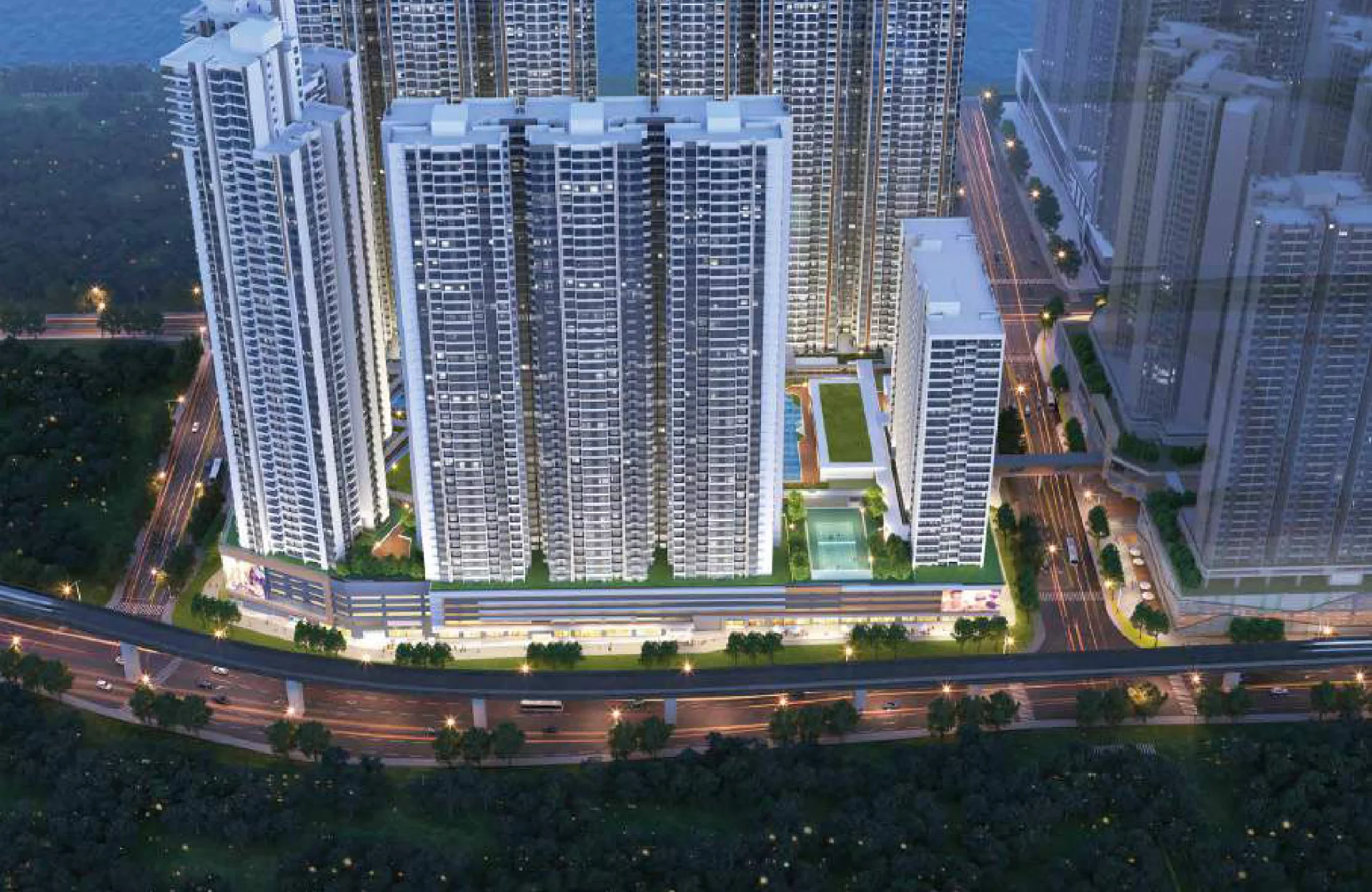 Aerial view of Casa Suites at R&F Princess Cove Phase 3 by the Straits of Johor at night, artist's impression