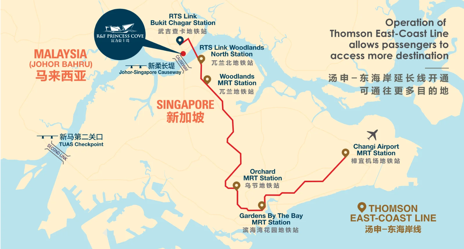 Map of the RTS Link from Bukit Chagar near R&F Princess Cove to Woodlands North and the Thomson-East Coast Line